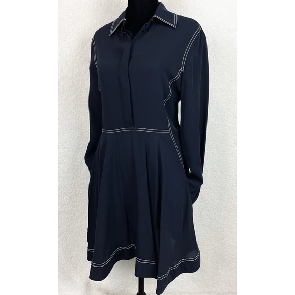 STELLA MCCARTNEY • 100% Silk Navy Contrast-Stitch Collared Mini Dress - Picture 13 of 16